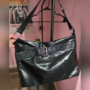 Black Faux Leather Belted Shoulder Or Crossbody Bag 💥Bikervibes💥